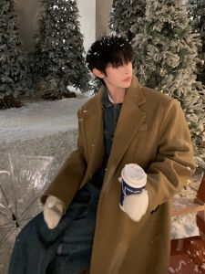 Korean Style Hepburn Style Maillard Brown Coat Mens Autumn and Winter Fancy Long Tall over the Knee Trench Coat