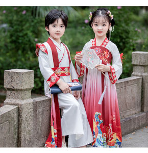 Kids Boys Girls Traditional Chinese Ancient Hanfu Dress Oriental Koi Carp Printed Performance Cosplay Costume Chinese Style Children Dress