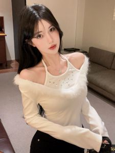 GUZILIAN | Fake Two-Piece Rhinestone Off-Shoulder Long Sleeve T-Shirt