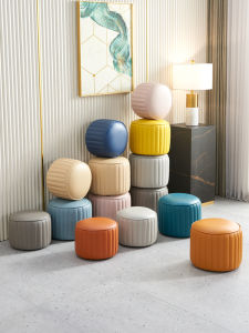 Modern Minimalist Adult Low Stool Home Living Room Tea Table Footrest Bench Leather Finish Wooden Frame Artistic Style