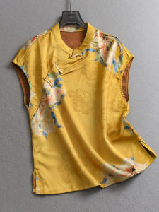 New Chinese Style Printed Short Sleeve Womens Shirt Turn-down Collar Button Detailing Tea Ceremony Inspired Fashionable