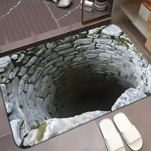 VIKAMA Funny 3D Deep Hole Stone Doormat Moss Rock Cave Illusion Pattern Wear Resistant Floor Mat Indoor Bathroom Apartment Decor