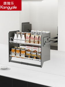 Kitchen Pull down Spice Rack Double Layer Shelf Cabinet under Counter Buffer Drawers Elevator Seasoning Basket Storage Solution