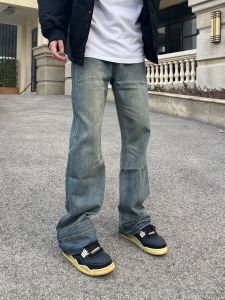 กางเกงยีนส์ทรงหลวมสไตล์สตรีทอเมริกัน ทรงขาบาน กางเกงขายาวทรงเข้ารูป แฟชั่นสำหรับผู้ชาย ฤดูใบไม้ผลิและฤดูร้อน 2024