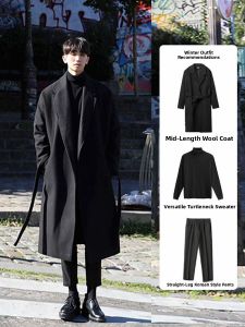 Korean Style Mens Overcoat Mid-Length Thickened Woolen Coat Casual Loose Fit Fashionable Winter Outerwear for Youth