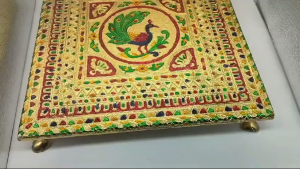 Chowki decor piece/Rajasthani Golden meenakari Pooja Chowki/ All Purpose chowki Flower Design for Pooja ghar Gold/Square shape