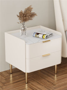 Internet Celebrity Solid Wood Accessible Luxury Bedside Table Minimalist Modern For Home Bedroom Stone Plate Leather Cream Style Storage Bed Side Cabinet