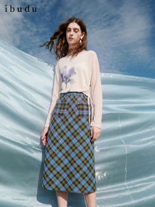 3COLOUR·S | Plaid Slit Straight Midi Skirt
