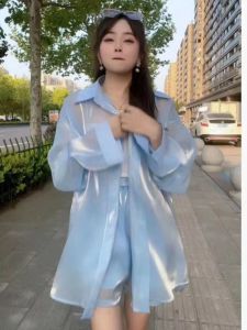 Áo Khoác Chống Nắng Vải Chiffon Mùa Hè 2025 Cho Nữ Dáng Rộng Ngọt Ngào Thanh Lịch Áo Len Cardigan Hai Mảnh Áo Sơ Mi Dài Tay Cổ Polo Màu Trơn