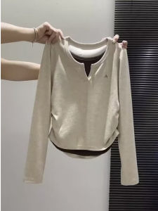 Gray Splice Long Sleeve V-Neck Base Shirt Womens Inner Wear Outer Wear Early Autumn Top Commute Style High Waist Design