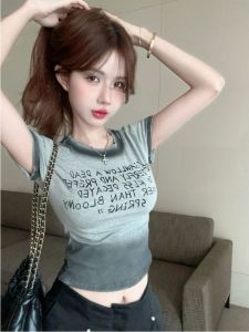 Retro American Gradient Short Sleeve T-Shirt Womens Summer New Tight Short Design Belly Button Exposure Spicy Girl Small Top