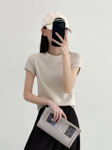 Slim Fit Pure Cotton Short Sleeve T-Shirt round Neck Half Sleeve Shoulder Drop Womens Outerwear White Base Shirt Top