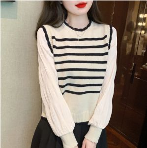 Atasan Wanita Rajut Lengan Panjang & Sweaters Garis Palsu Dua Bagian