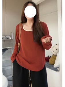 plus Size Womens Knitted Base Layer Long Sleeve Square Collar T-Shirt Loose Fit Autumn Top for Plump Women Cover Belly Slimming