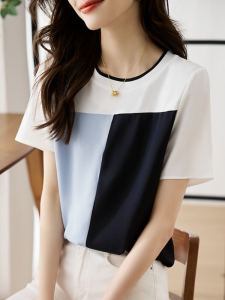 Summer Short Sleeve T-Shirt Womens round Neck Color Block Versatile Simple Style Korean Version Creative Pattern Casual Top
