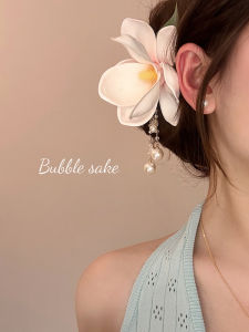 Pink Magnolia Pearl Tassel Hairpin Holiday Style Side Clip Hair Accessories Korean Style Floral Pattern Universal Hair Ornament