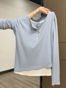 เสื้อยืดคอกลมปิดด้วยกระดุมสำหรับผู้หญิงในฤดูใบไม้ผลิและฤดูร้อน เสื้อชั้นในสไตล์เกาหลีแบบลำลอง เสื้อคลุมกันหนาว