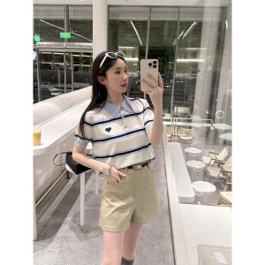 Summer 2025 New MIU Striped POLO Collar Color Block Knitted Sweater Short Sleeve Womens Korean Style Heart Design Top
