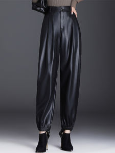 Real Leather Harlan Pants Womens Autumn Winter New Style Fleece Lined High Waist Loose Fit Sheepskin Casual Long Trousers