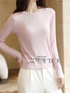 Miiow | Pink Wool Silk Round Neck T-Shirt Womens Autumn Winter Long Sleeve Slim Fit Base Layer Shirt MiiOW Daily Straight Tube Type