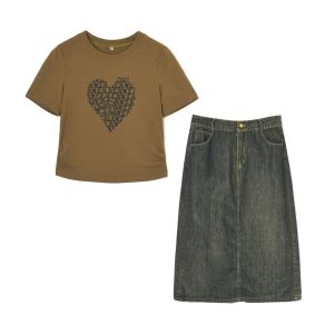 Heart Pattern Printed Denim Skirt Womens Set
