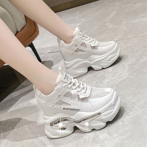 Spring 2024 Womens Dad Shoes 11cm Heightening Thick Bottom Breathable Sports Casual Shoe round Toe Deep Mouth Glue Adhesive Sole