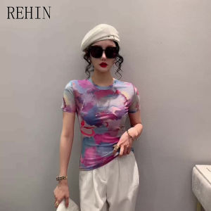 REHIN Womens top New Summer fashion mesh Unique pattern desig smudge printed short-sleeved T-shirt round-neck Slim S-3XL thin elegant trend blouse