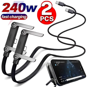 2-in-1 65W/240W Cable High-speed Quick Charging USB Type C Cable Wire with Folding Phone Stand for IPhone 17 Samsung Xiaomi 2Pcs