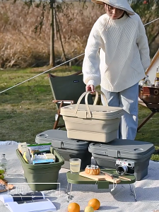 Folding Picnic Basket with Tabletop Lid Multi-Functional Storage Box Cutting Board Camping Bag