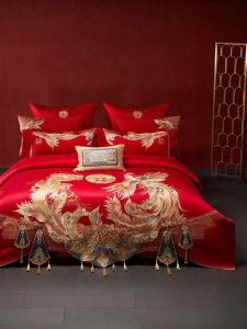 Mercury | Red Long Staple Cotton 4-Piece Bedding Set With Dragon Phoenix Embroidery
