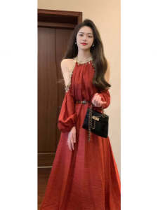 Unique Bohemian Red Tea Break Long Dress Vintage Summer Beach Holiday Style Womens Dress Shoulder Bared Natural Waist A-Line Skirt