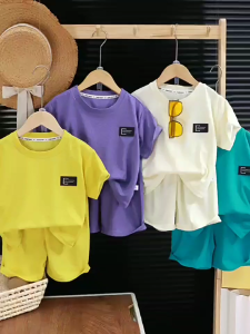 Childrens waffle short-sleeved suit for boys and girls thin shorts shorts sports suit for babies home air conditioning suit for babies comfortable solid color suit for children pullover suit