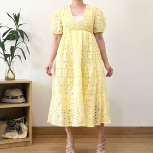 ●ECLAIRE● 003 Dress Midi Vneck Tiered Katun Bordir Embroidery Smocked Boho Casual Korea Oceania Premium Import 56200