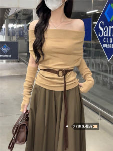 Shoulder Baring Long Sleeve T Shirt Womens Slim Fit Belted Casual Style Top for Winter Fashion Trendy Young Girls Clothing