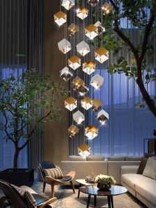 HUITUO | Luxurious Glass Block Chandelier for Loft Stairs