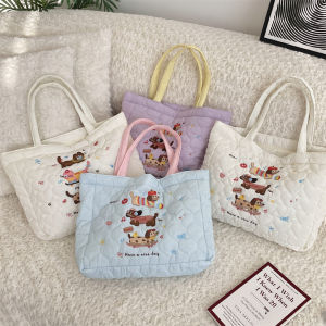 Embroidered Cotton Tote Bag Autumn Winter Handbag Shopping Bag Lunch Bag Womens Cute Little Dog Stitching Handheld Bag