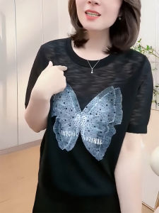 QINGNAER | Rhinestone Butterfly Letter Thin Short Sleeve Knit Tshirt