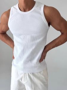 Áo Ba Lỗ Dệt Kim Thoáng Khí Mùa Hè Cho Nam Áo Thun Không Tay Mỏng Nhẹ Thể Thao Cổ Tròn Màu Trơn Thường Ngày