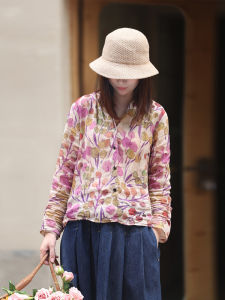 Original Design Artistic Long Sleeve Floral Print Linen Shirt Womens Casual Loose Fit Versatile Top for Spring Season
