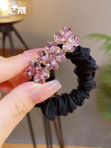 Elegant Purple Crystal Four-leaf Clover Hair Ties Korean Style Fabric Hair Bands Low Bun Elastic Hair Bands Fashionable Hair Accessories
