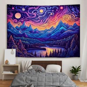 VIKAMA Psychedelic Núi Bầu Trời Đầy Sao Tấm Thảm Vũ Trụ Đêm Phong Cảnh Treo Tường Thẩm Mỹ Polyester Trang Trí Cho Phòng Ngủ Ký Túc Xá Nhà