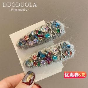 Korean Style Winter Hair Clip Butterfly Knot Edge Clip Colorful Rhinestone Side Part Hair Clamp Womens High Fashion Duckbill Clip