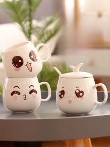Ceramic Coffee Mug Creative Couple Mugs with Lid Expressive Cute Face Design Korean Style Water Cup Adult Beverageware