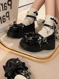 Punk Style Thick Bottom round Head Womens Single Shoes Sweet Cool Fashionable Korean Version Butterfly Knot High Heels