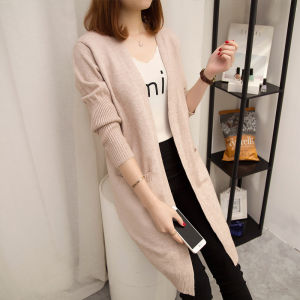 Womens Mid-Length Knitted Jacket Autumn Winter New Style Loose Long Sleeve Coat with Pockets Versatile Sweater Cardigan