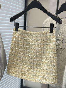 Shiny Half-length Mini Skirt Womens Thick Tweed Wrap-around Spring New Style Fashionable Vintage Zipper High-waist A-line Skirt