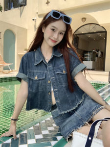 Summer New Sweet And Spicy Pure Desire Short Sleeve Denim Jacket Retro Hot Girl Mini Skirt Polo Collar Single Button Cotton Blend