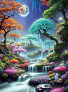 [Surreal Landscape Puzzle] Jigsaw Puzzle - Vibrant Canyon Painting with Waterfalls Surreal Moonlit Landscape & Whimsic