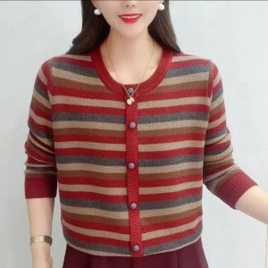 plus Size Womens Knitted Sweater round Neck Loose Fit Striped Casual Winter Top Korean Style Button Detail Long Sleeve