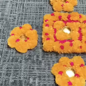 Rangoli Artificial Marigold Flower Rangoli Mat and Tealight Candle Holder Rajasthani Golden Gota Mat for Festive Decoration | Diwali Gift | Pooja Decor | Festive Decor (Size - 10inches | Color - Yellow & Orange)